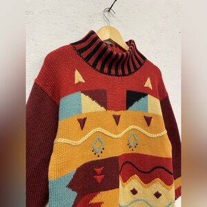 Vintage 90s Colourful Knitted Wool Blend Sweater w/ Retro High Neck, Size M/8